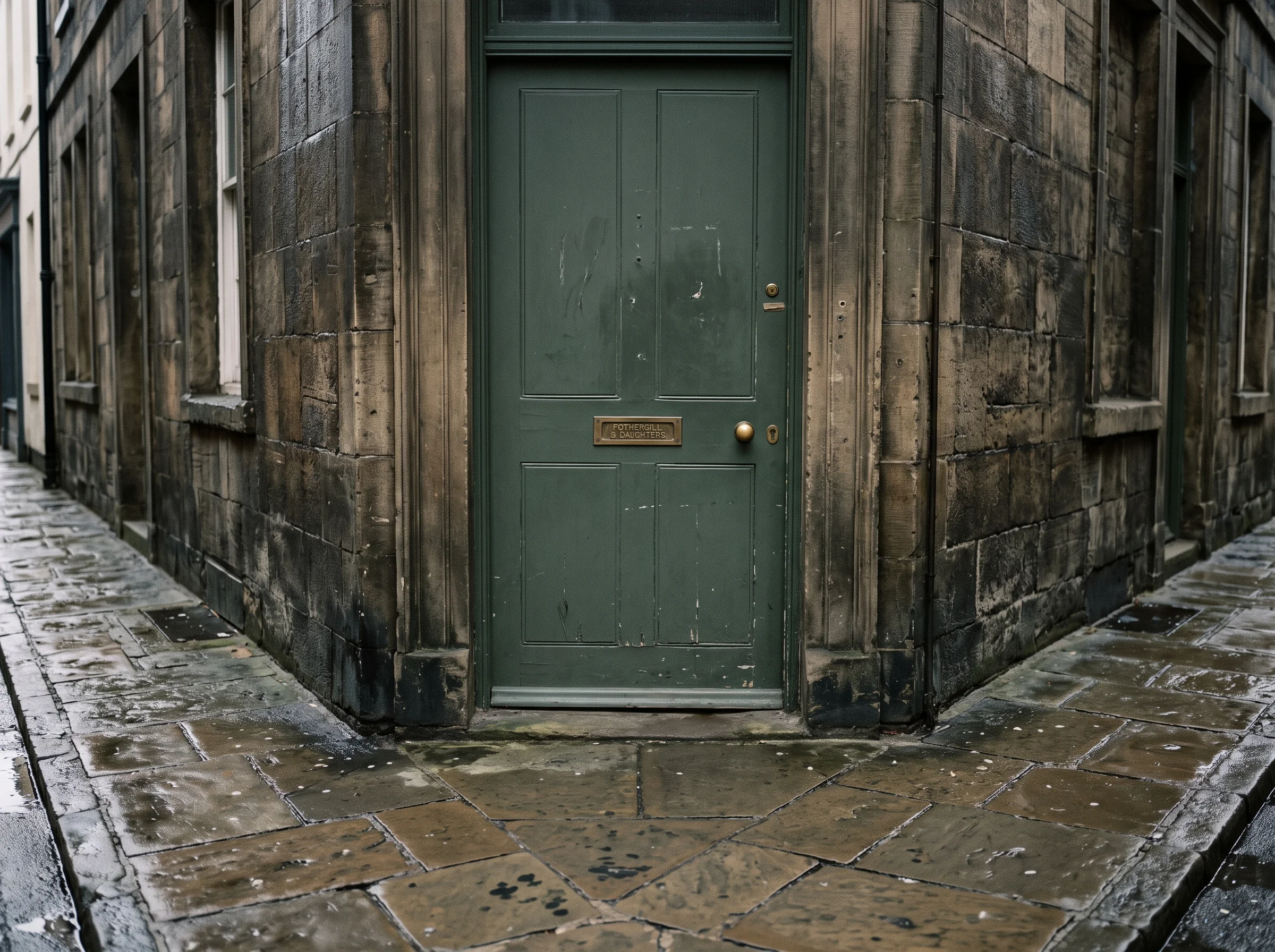 Plain painted workshop door with a small brass name plate on wet stone paving, York