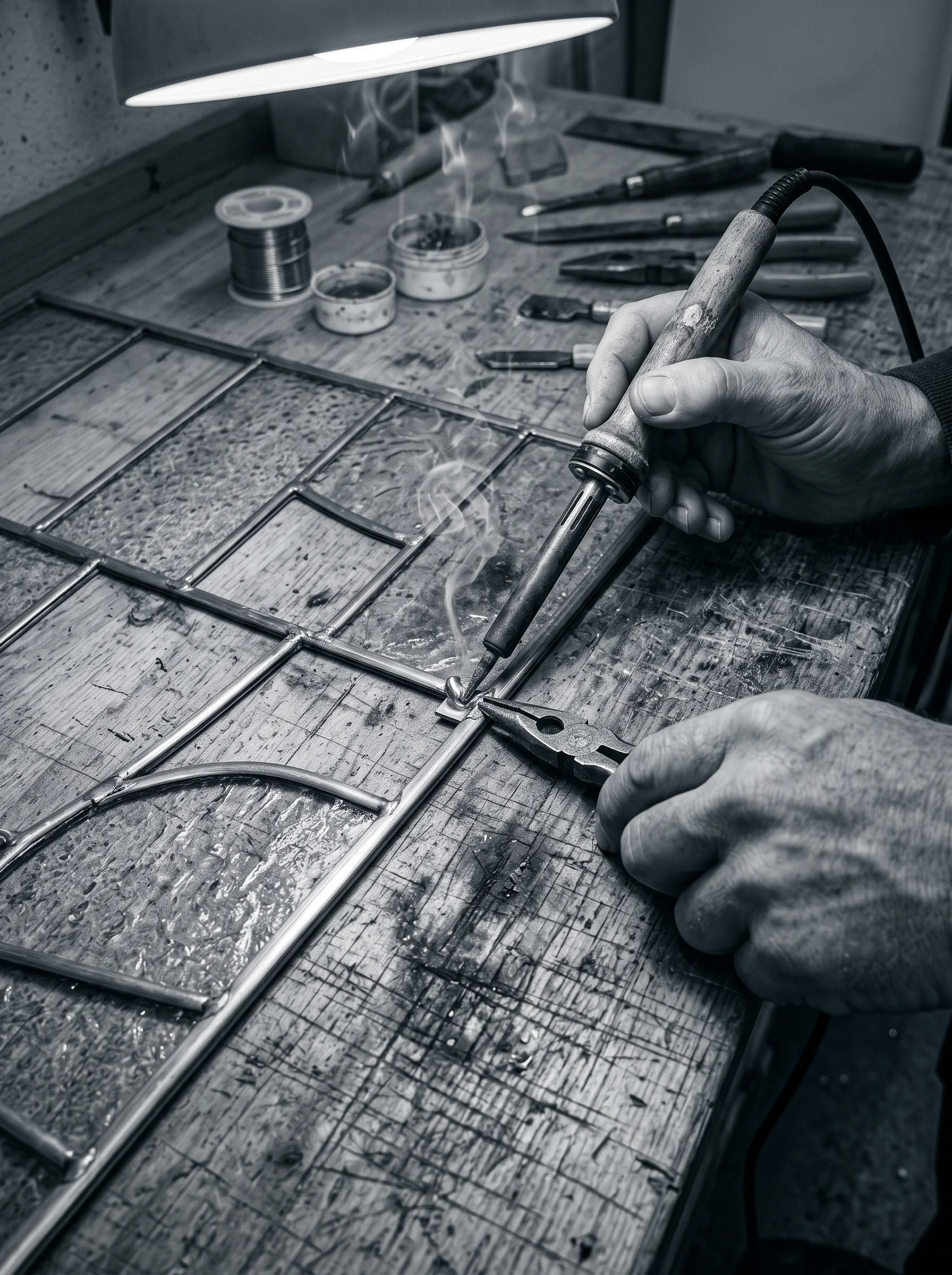 Glazier's hands soldering a lead joint at the bench, forearms and worn tools only