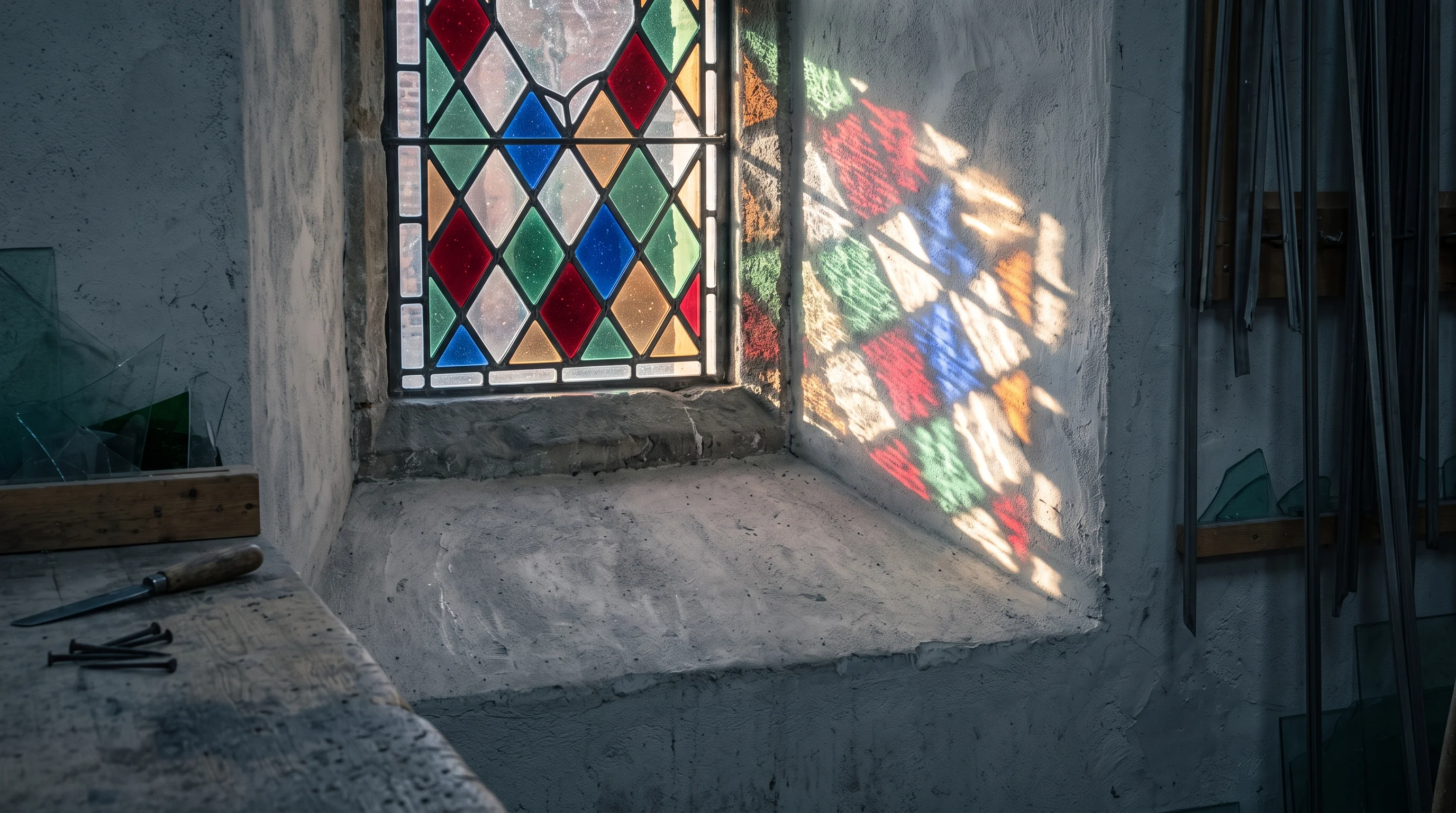 Afternoon light passing through a restored leaded stained-glass panel, casting blue and ruby lozenges across a limewashed workshop wall