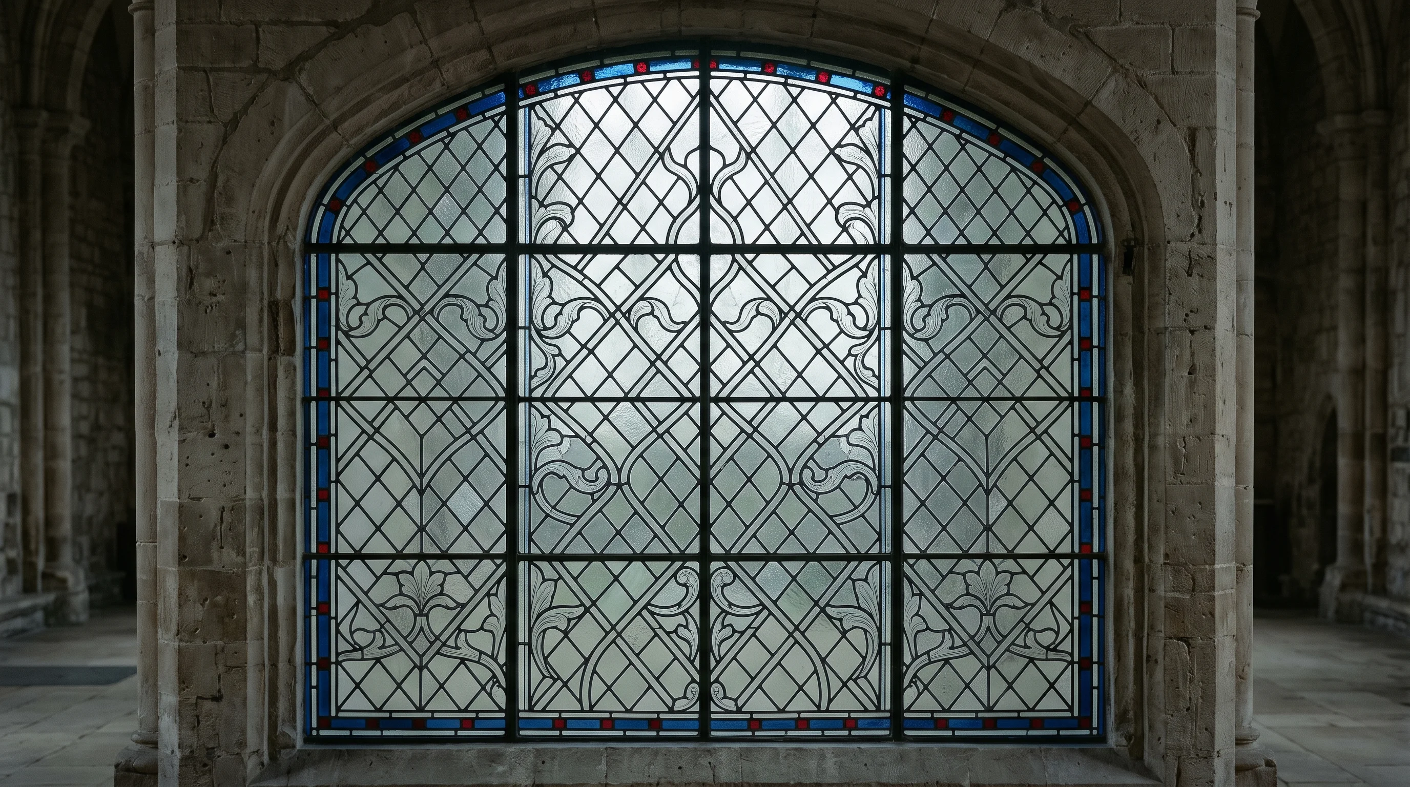 Conserved grisaille church window with narrow coloured borders casting thin blue light on grey stone