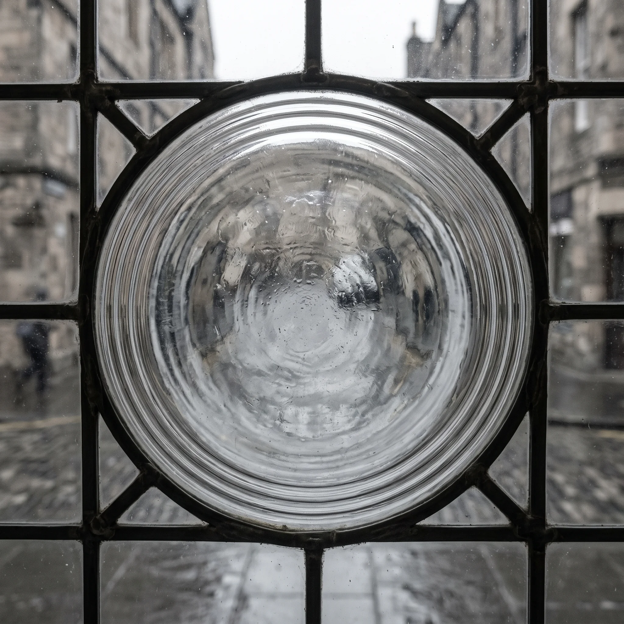 Crown-glass bullseye pane in a leaded window, its swim distorting a wet grey street beyond