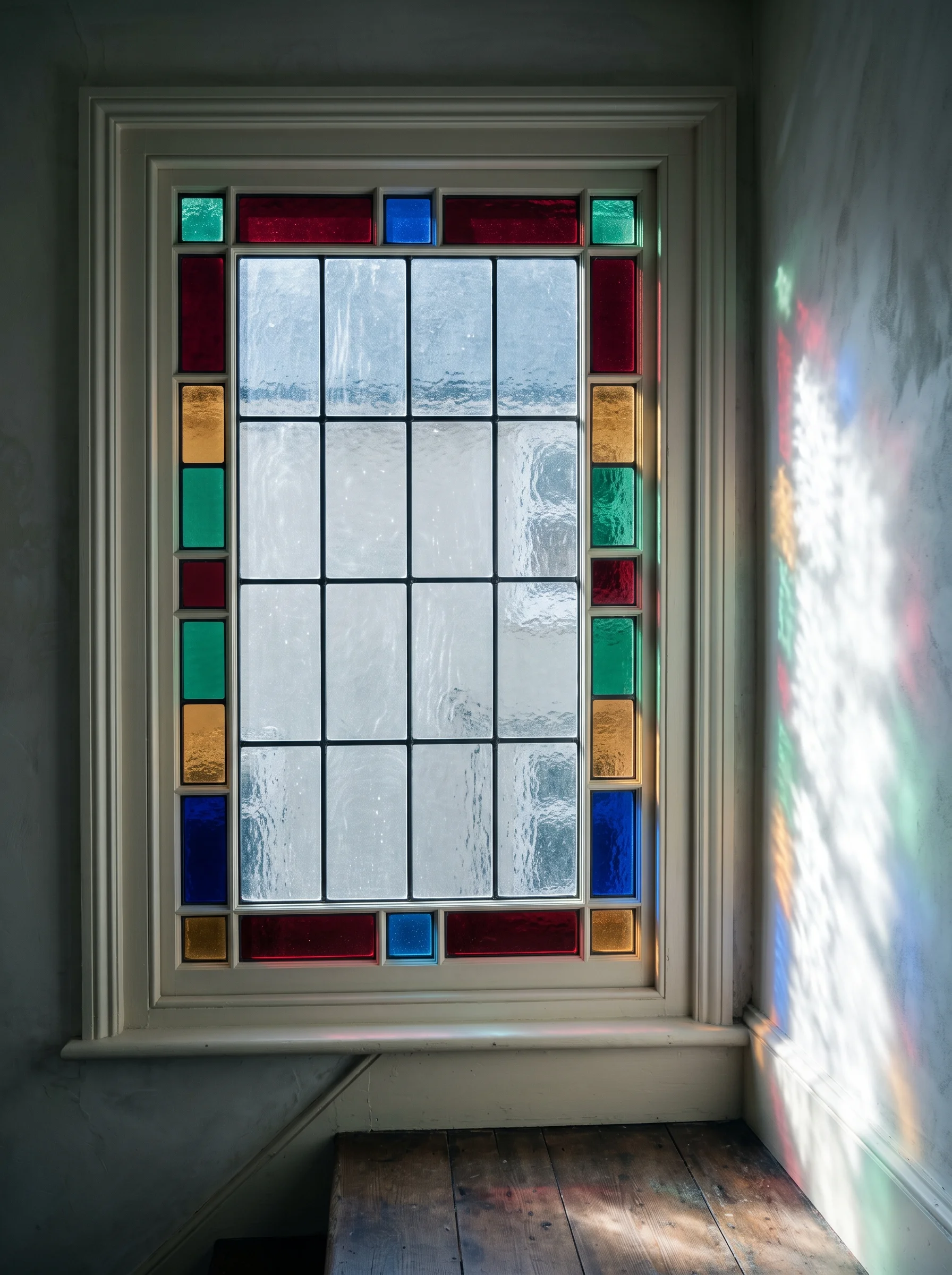 Re-leaded Victorian stair window with blue and ruby margins casting coloured bands down a stairwell wall