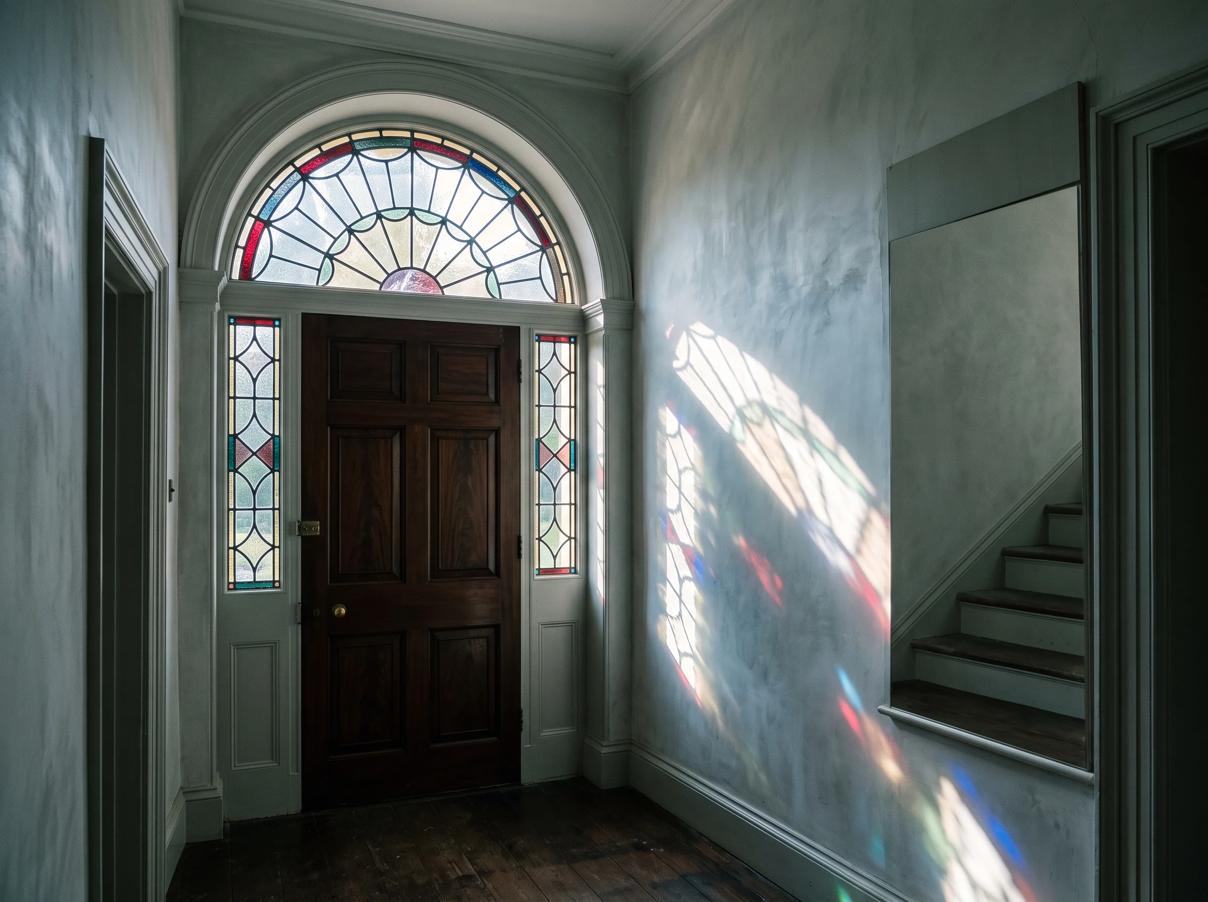 Low sun through a restored leaded fanlight throwing blue and ruby lozenges across a Georgian hallway