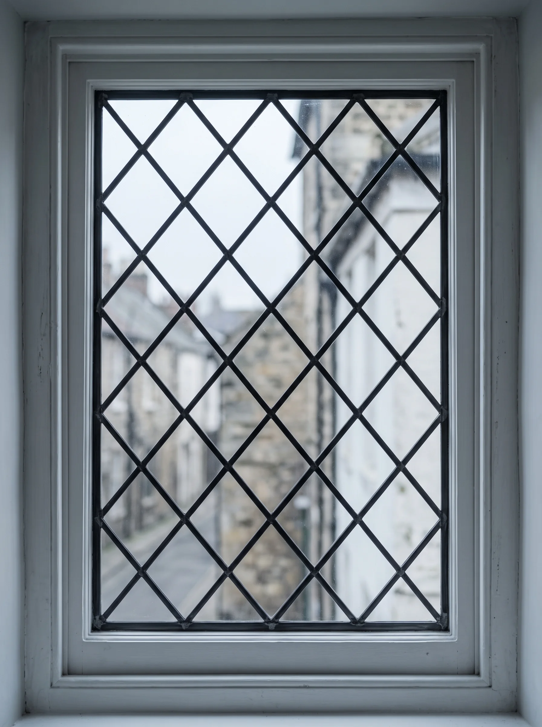 New leaded light of clear diamond quarries in a Georgian sash, lattice shadow on a painted shutter