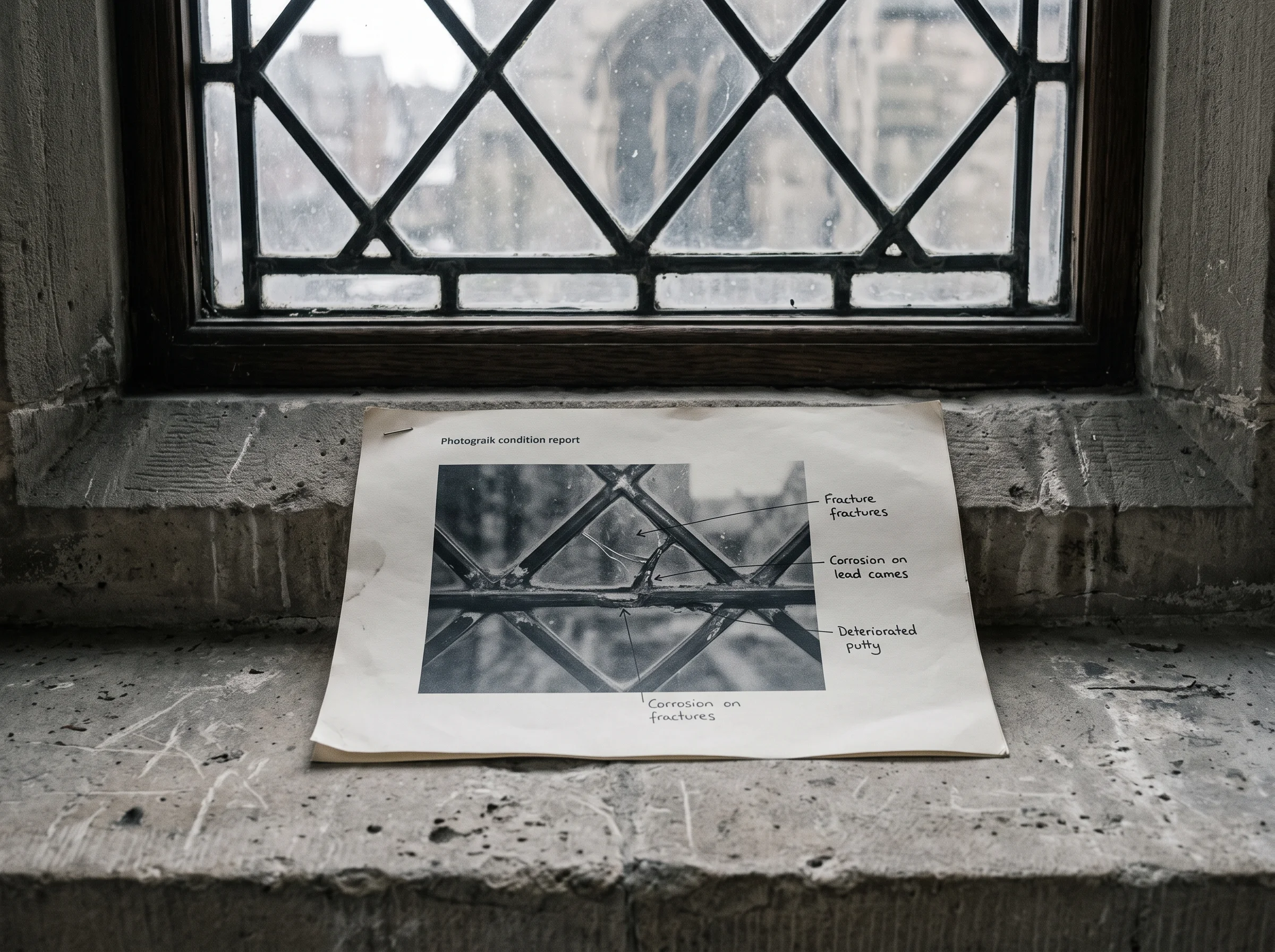 Printed condition report resting on a stone sill below a leaded church window.