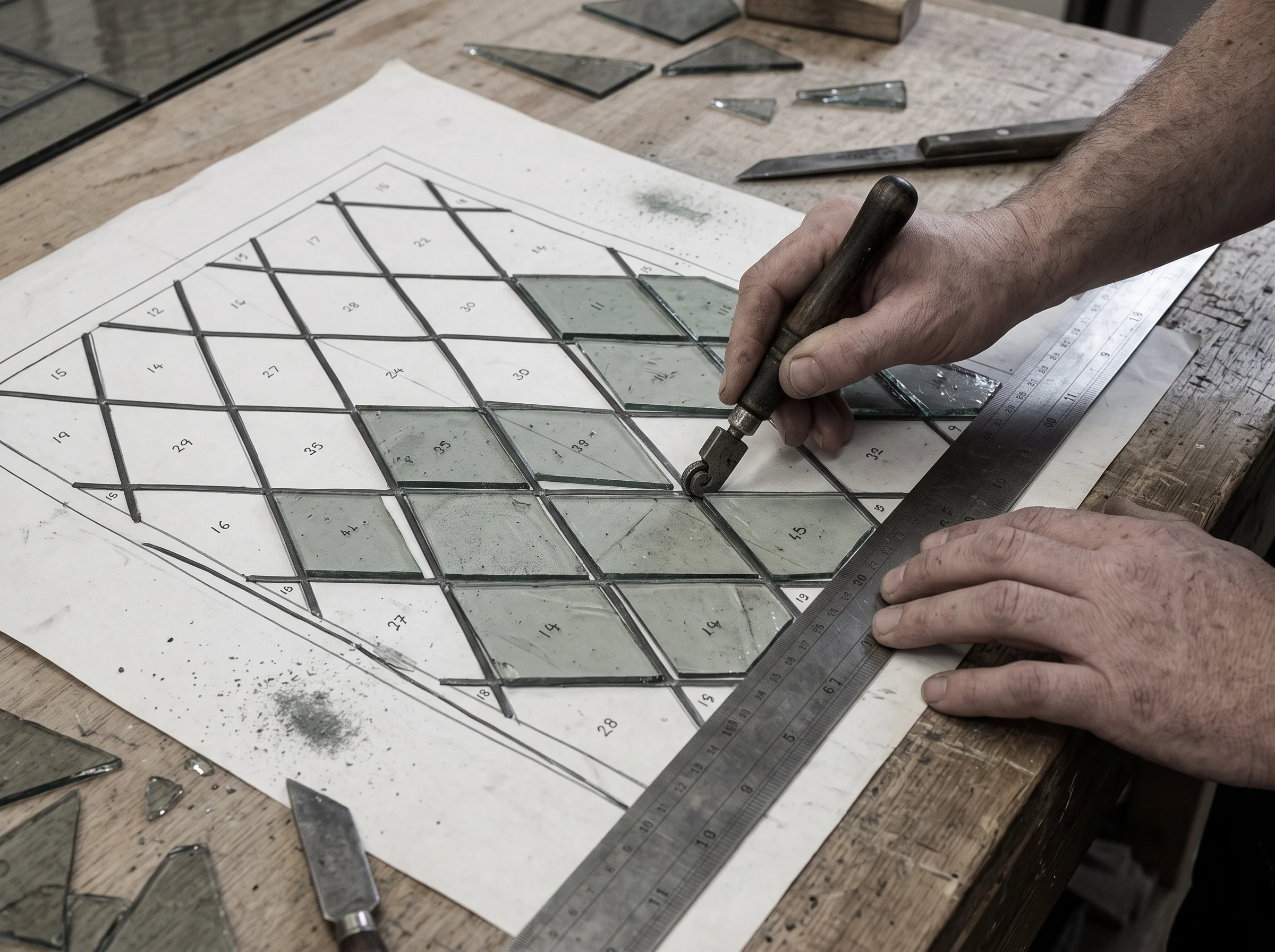 Clear diamond quarries cut to a paper pattern on the bench beside a glass cutter and straightedge
