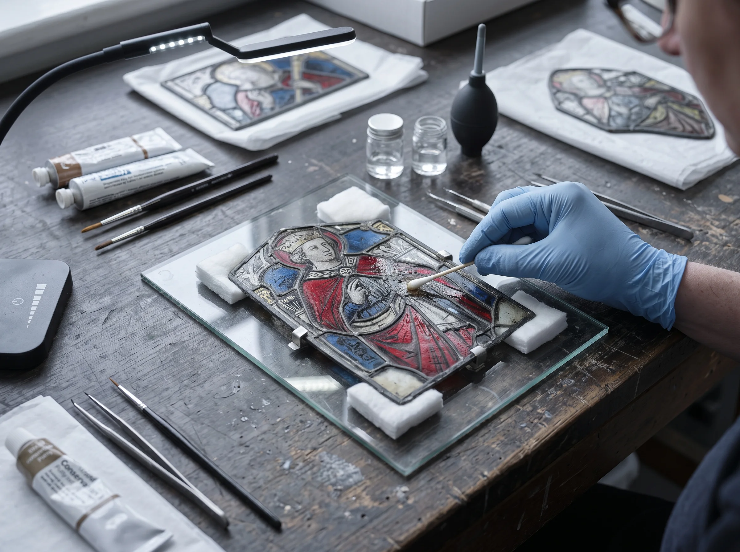 Painted Victorian stained-glass fragment being cleaned with a swab on a conservation bench