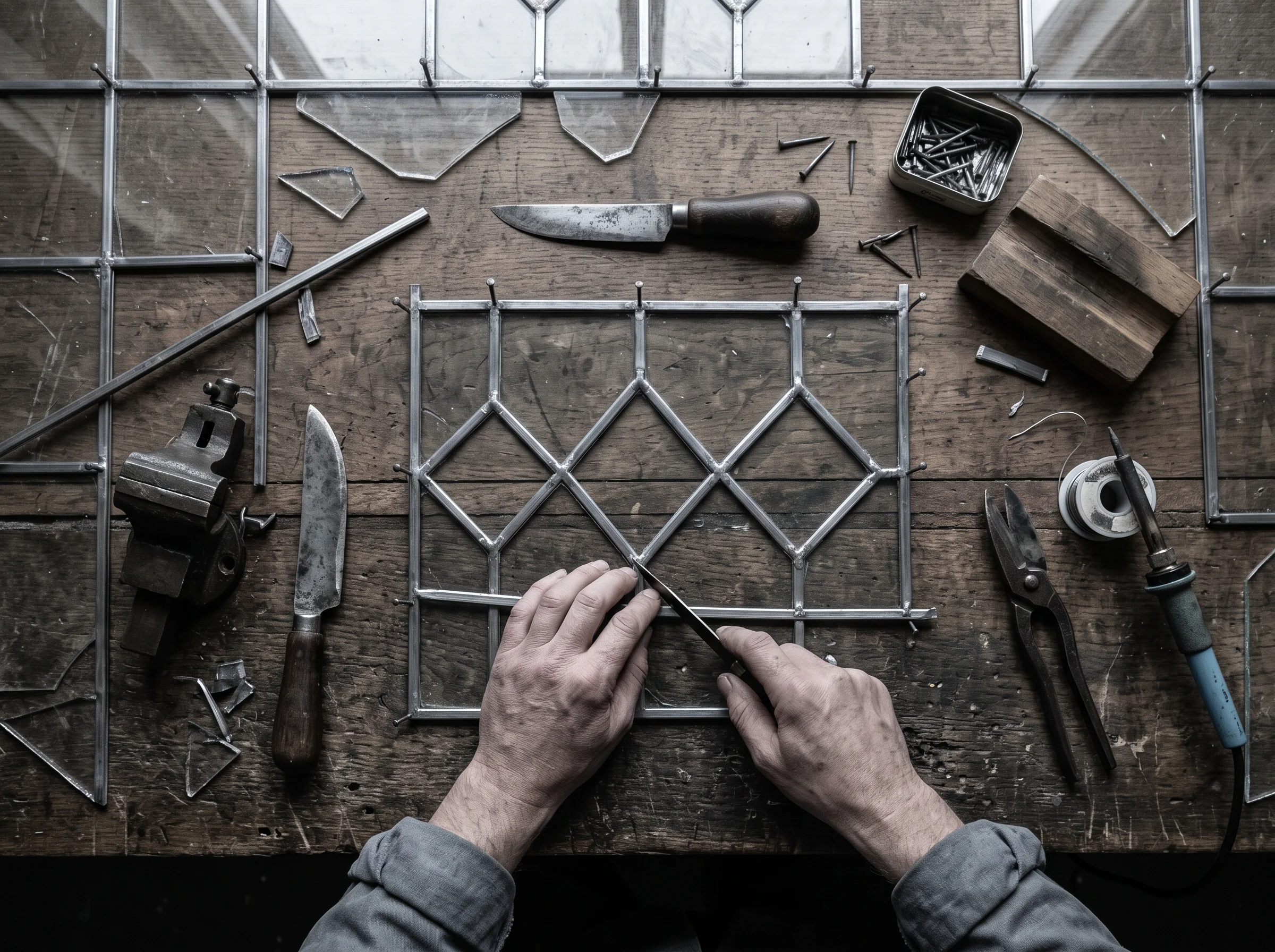Leaded panel mid-assembly on a scrubbed bench, pinned with horseshoe nails beside a lead knife and lathekin